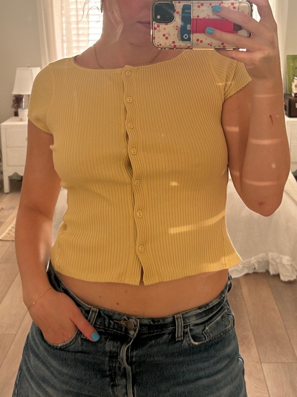 Yellow Ribbed Tee with Lace Detail
